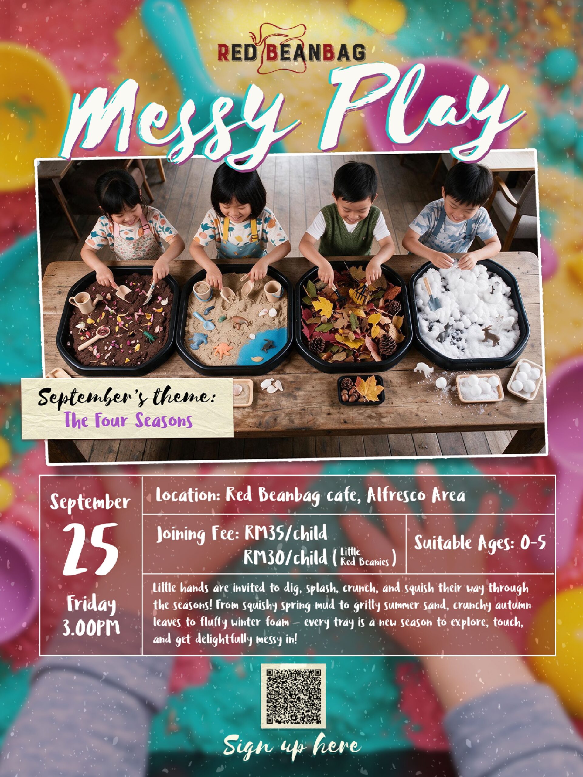 Four young children play with sensory bins containing various textured items at a table. The event info for “Messy Play” at Red Beanbag cafe is displayed with date, time, and joining fees.