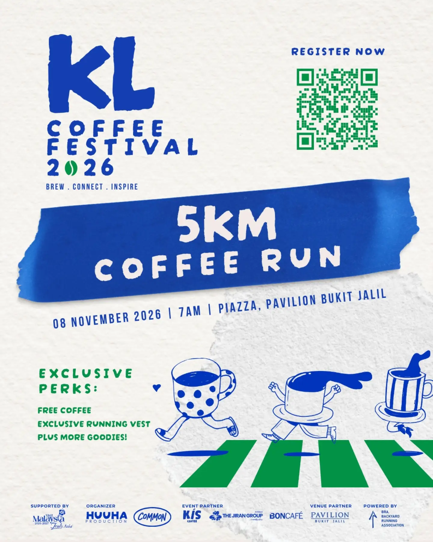 Poster for the KL Coffee Festival 2026 5km Coffee Run on November 8, 2026, at Pavilion Bukit Jalil, featuring a QR code for registration and event perk details.