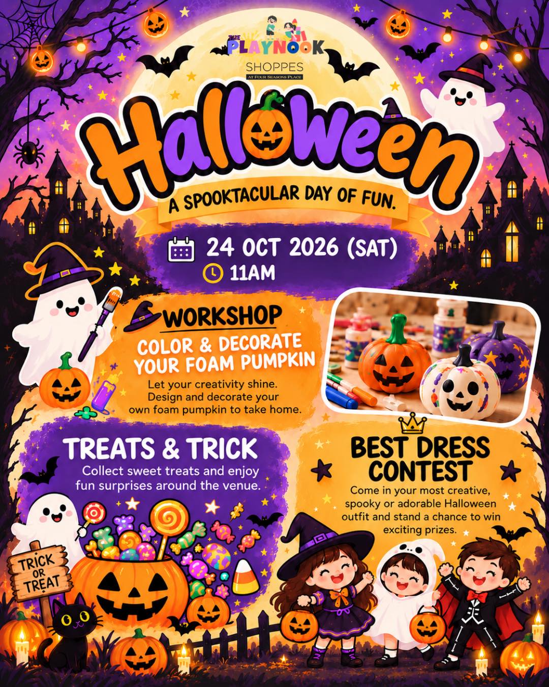 Halloween event poster for Playnook Shoppes on October 24, 2026, featuring a pumpkin workshop, trick-or-treat activities, and a costume contest.