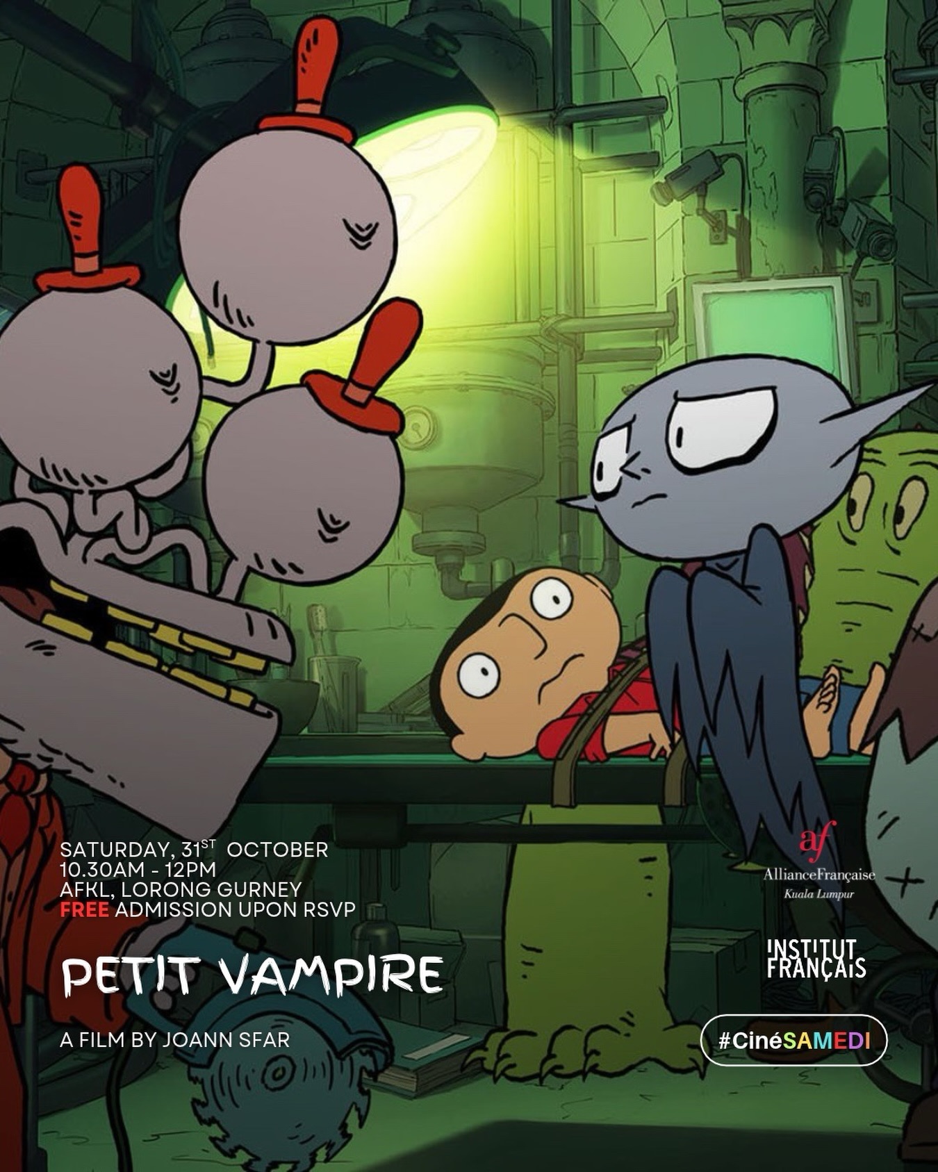 Poster for the film Petit Vampire, showing an animated vampire and a boy in a laboratory, with event details for a screening on October 31st at AFKL. Poster for the film Petit Vampire, showing an animated vampire and a boy in a laboratory, with event details for a screening on October 31st at AFKL.