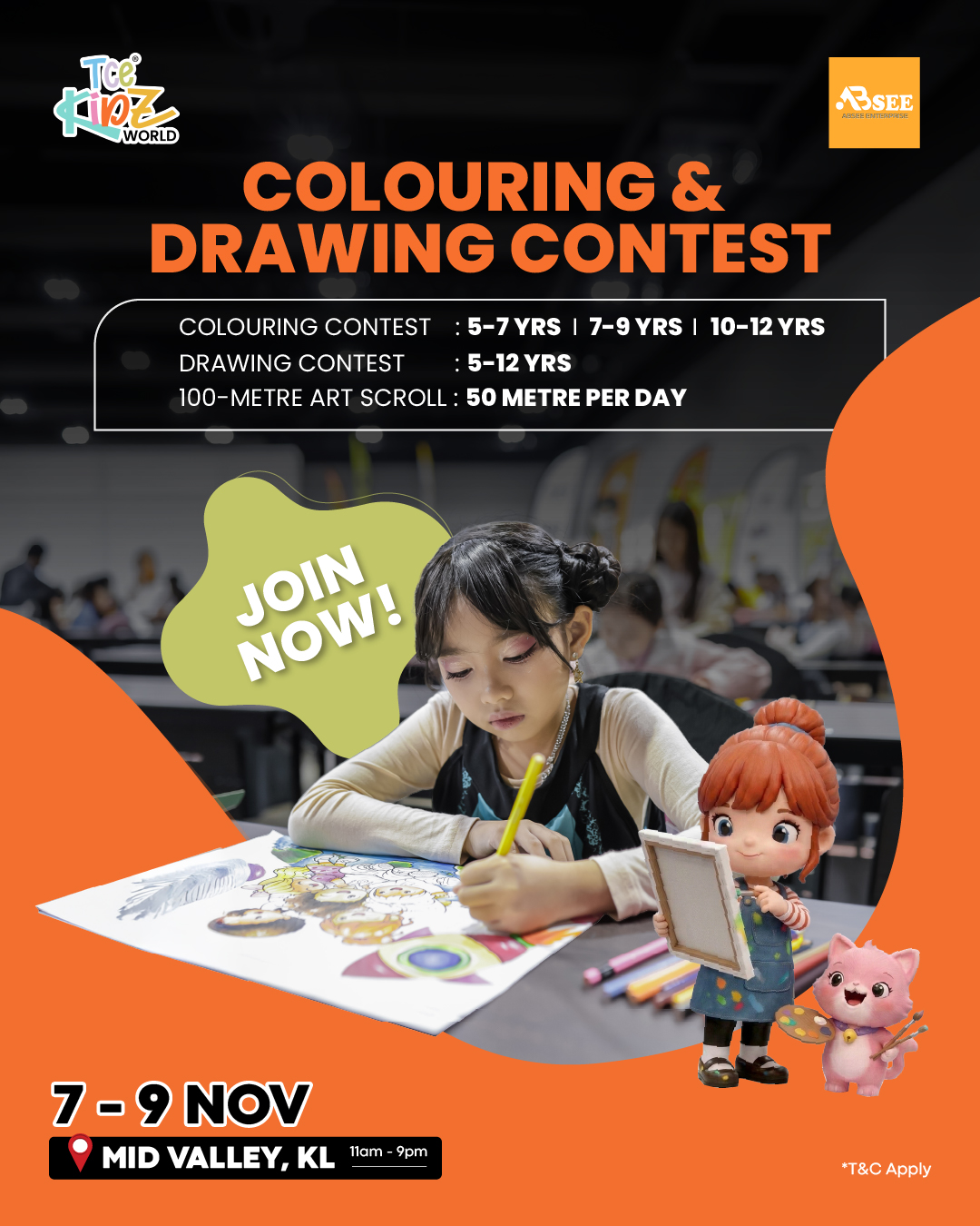 Poster for a Colouring and Drawing Contest held November 7-9 at Mid Valley, KL, with age categories and event details.
