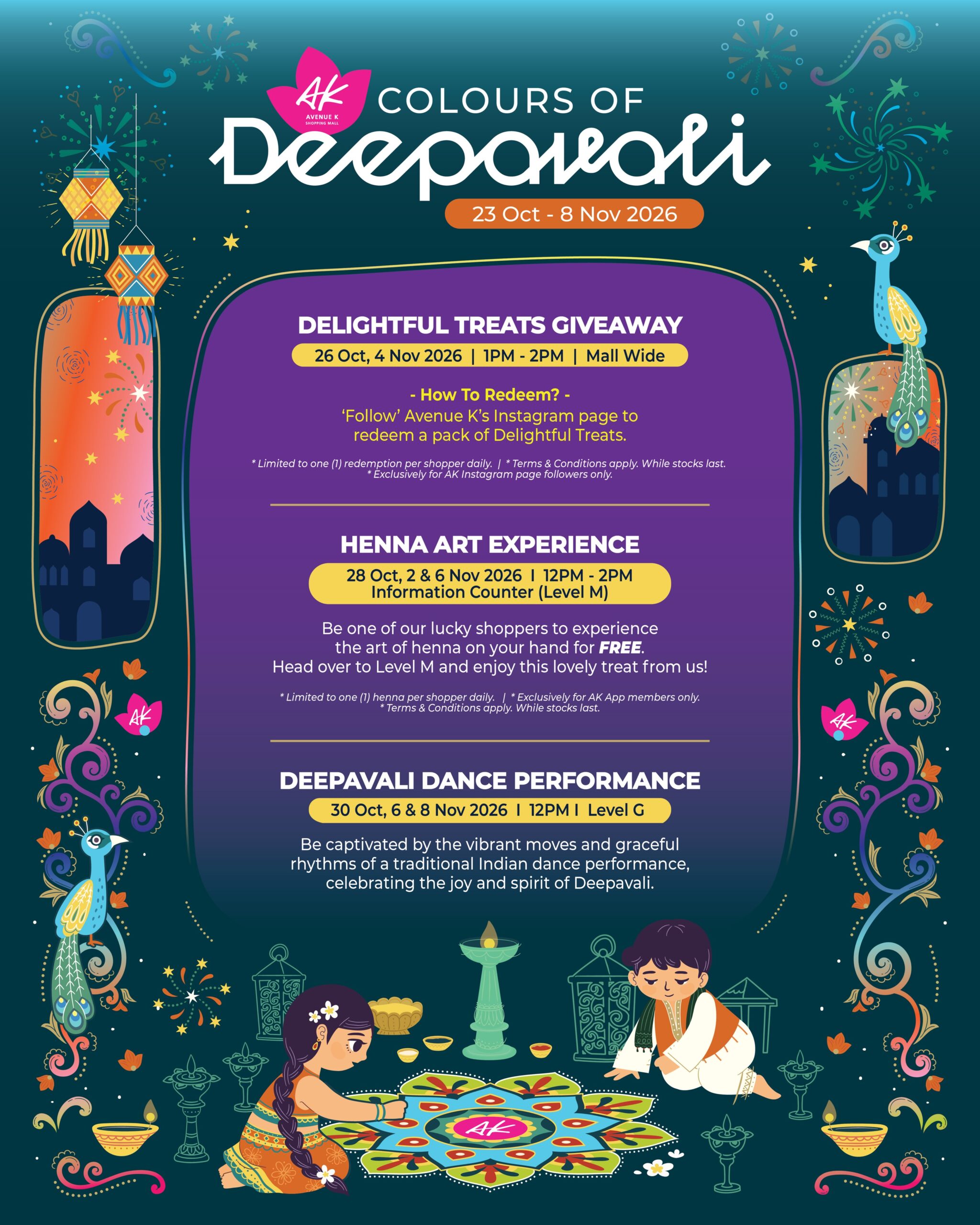 Event poster for “Colours of Deepavali” at Avenue K, listing dates, times, and locations for a treats giveaway, henna art experience, and dance performance held from 23 October to 8 November 2026.