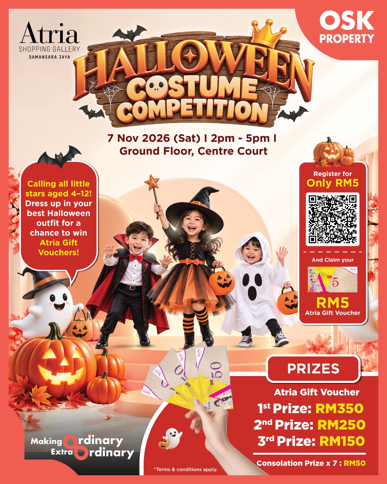 Three children in Halloween costumes stand surrounded by pumpkins at a shopping center event, promoting a Halloween costume competition with prizes and event details in the background.