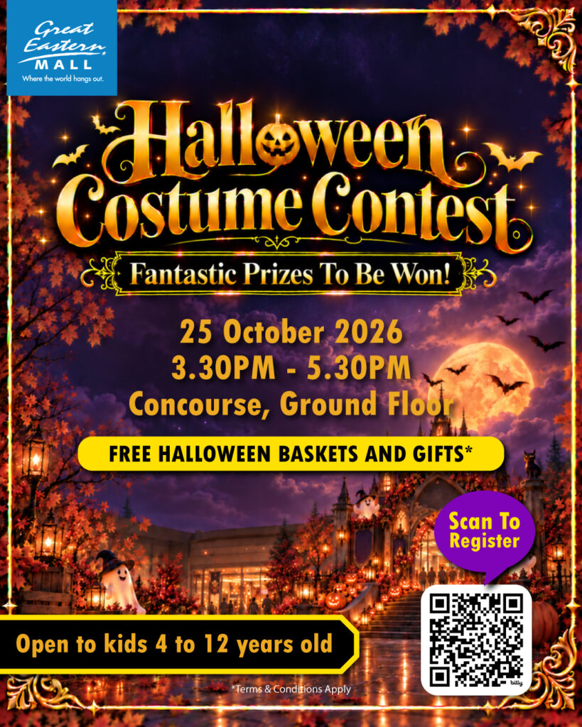 Poster for a Great Eastern Mall Halloween Costume Contest on 25 October 2026, 3:30PM to 5:30PM, for kids aged 4 to 12. Includes a QR code to register.