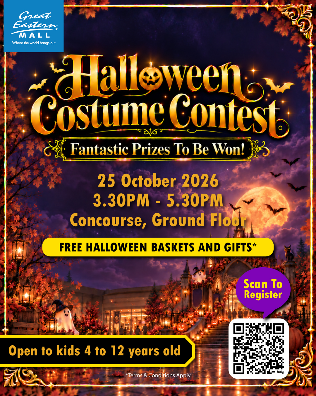 Poster for a Great Eastern Mall Halloween Costume Contest on 25 October 2026, 3:30PM to 5:30PM, for kids aged 4 to 12. Includes a QR code to register.
