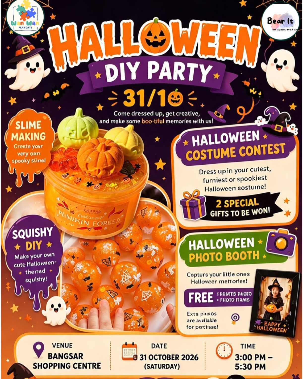 Halloween DIY Party event poster for October 31, 2026, at Bangsar Shopping Centre, featuring slime-making, a costume contest, and a photo booth.