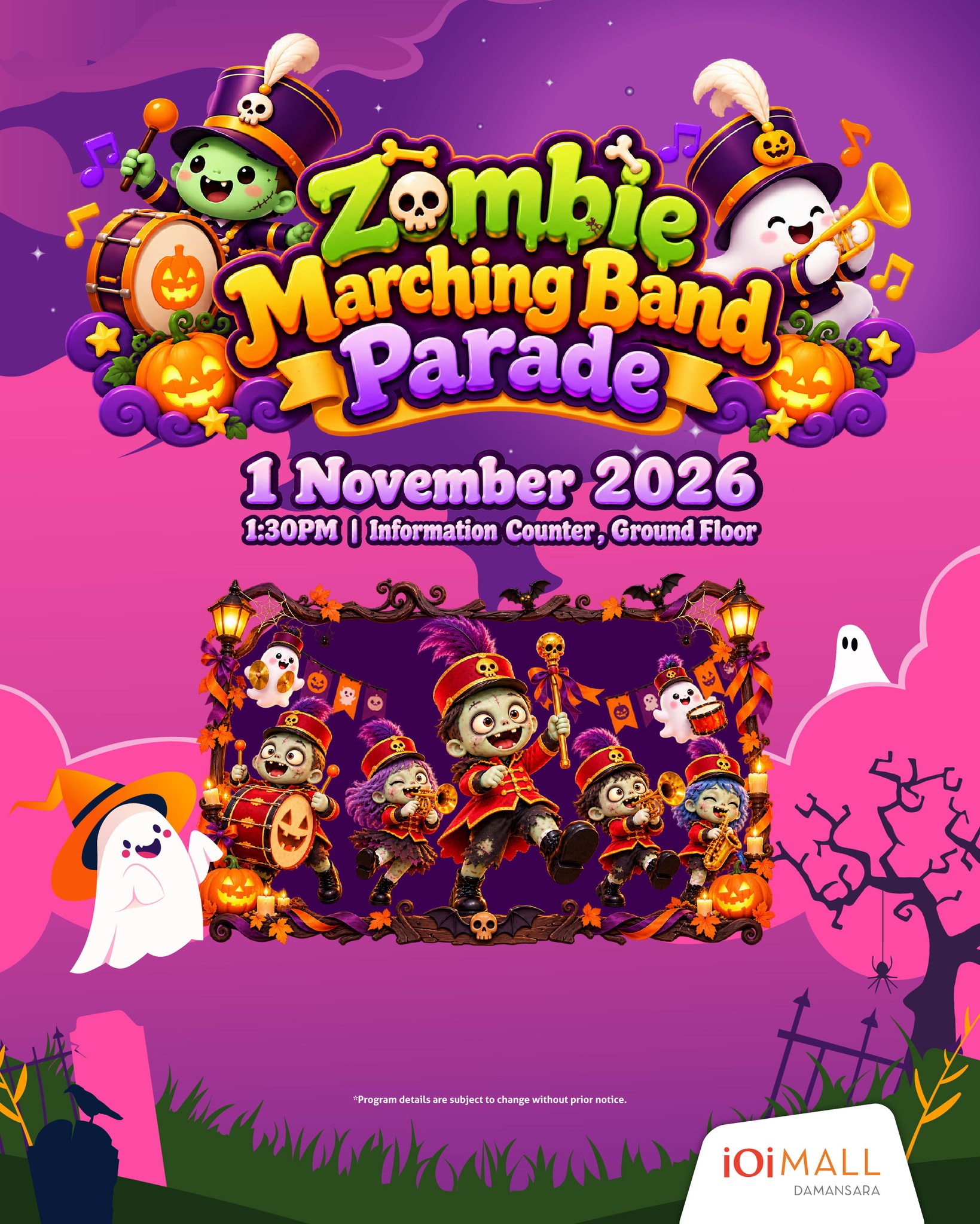 Event poster for the Zombie Marching Band Parade at IOI Mall Damansara on November 1, 2026, at 1:30 PM.