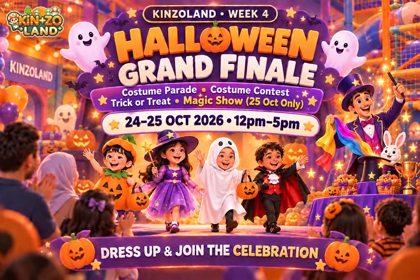 Event poster for Kinzoland Halloween Grand Finale on October 24-25, 2026, featuring a costume parade, contest, trick-or-treating, and magic show.