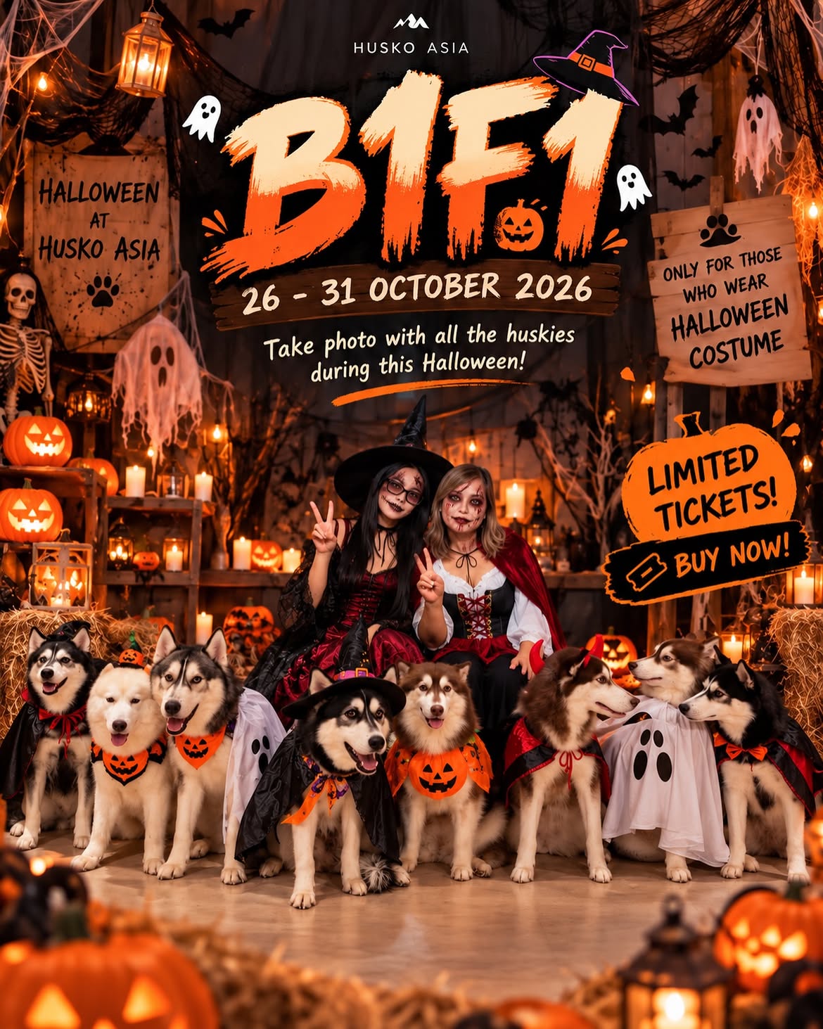Two women in Halloween costumes sit with eight huskies dressed in themed outfits, surrounded by pumpkins and decorations at a Halloween event promotion for HuskO Asia, October 26-31, 2026.