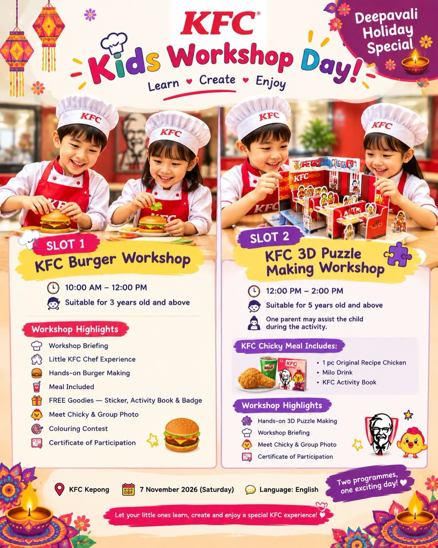 KFC Kids Workshop Day event flyer listing two sessions: a Burger Workshop for ages 3+ and a 3D Puzzle Making Workshop for ages 5+, including dates, activity highlights, and meal details.