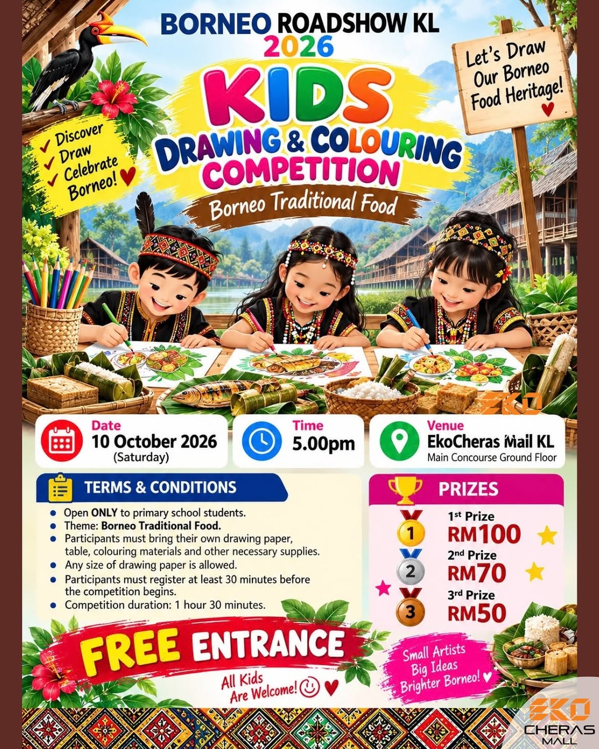 Flyer for the Borneo Roadshow KL 2026 Kids Drawing and Colouring Competition, detailing the October 10 event at EkoCheras Mall, including contest rules, prize information, and registration details.