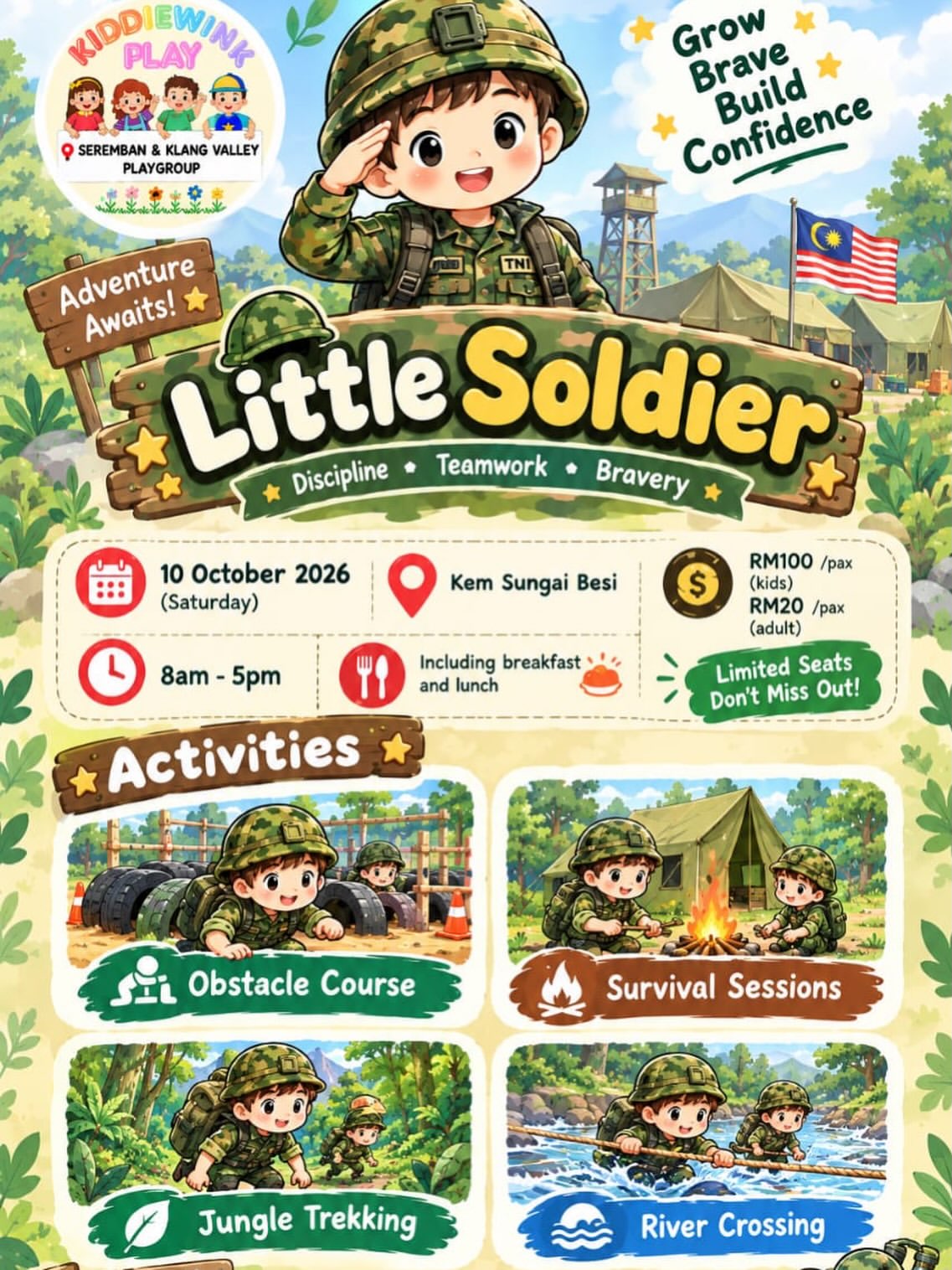 Event flyer for a Little Soldier playgroup on October 10, 2026, at Kem Sungai Besi, featuring obstacle courses, survival sessions, jungle trekking, and river crossing activities for kids.