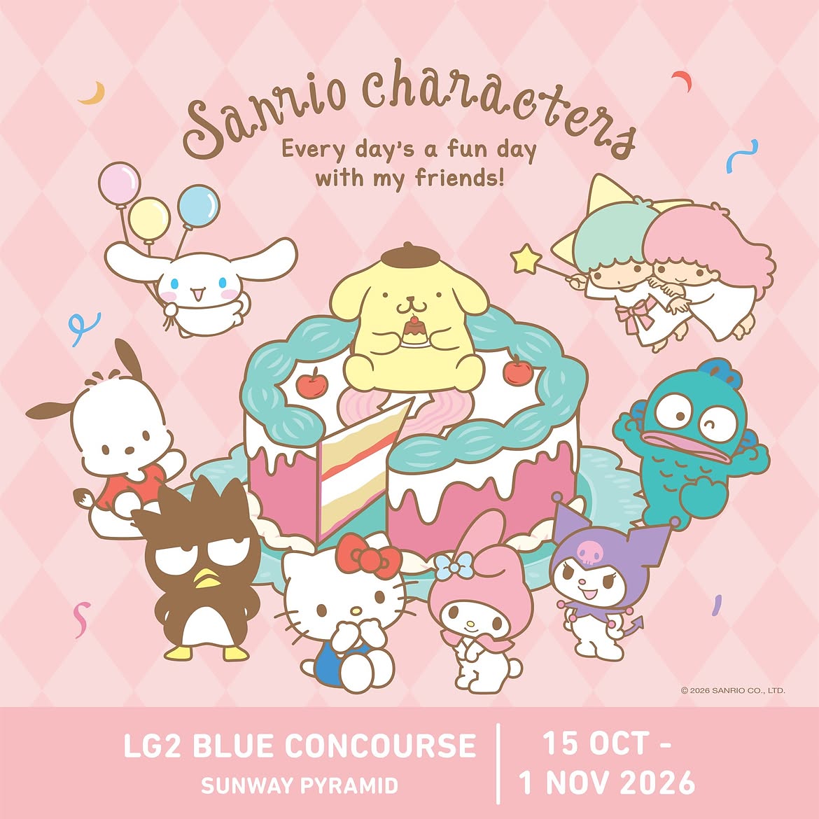 Sanrio characters gathered around a cake, advertising an event at Sunway Pyramid’s LG2 Blue Concourse from 15 October to 1 November 2026.