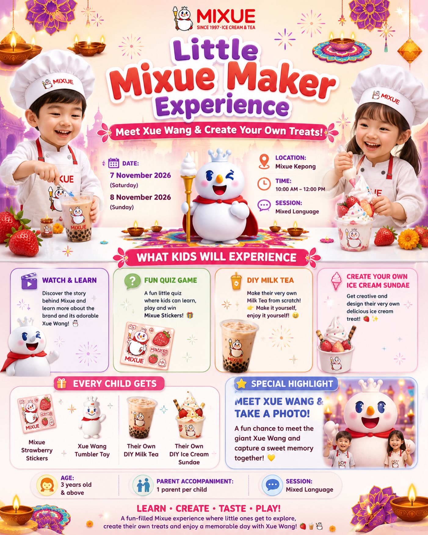 Event flyer for the Little Mixue Maker Experience, featuring dates, location, activities for children, and information on what attendees receive.