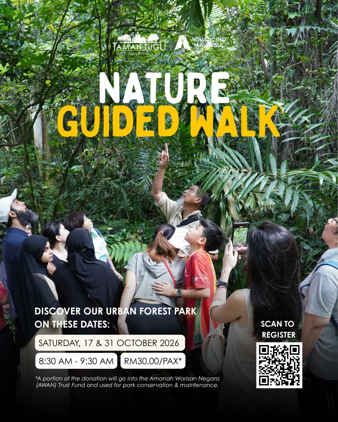Poster for Taman Tugu Nature Guided Walks in October 2026, showing a group in a forest looking up at a guide pointing at the trees. Includes a QR code for registration.