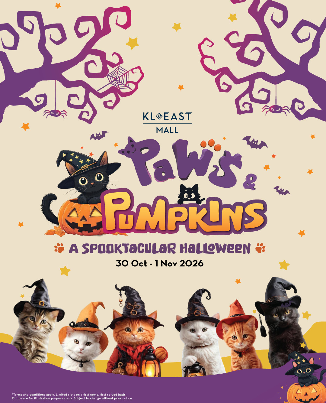 Event poster for KL East Mall’s “Paws & Pumpkins” Halloween event, held from October 30 to November 1, 2026, featuring illustrations of kittens in witch hats.