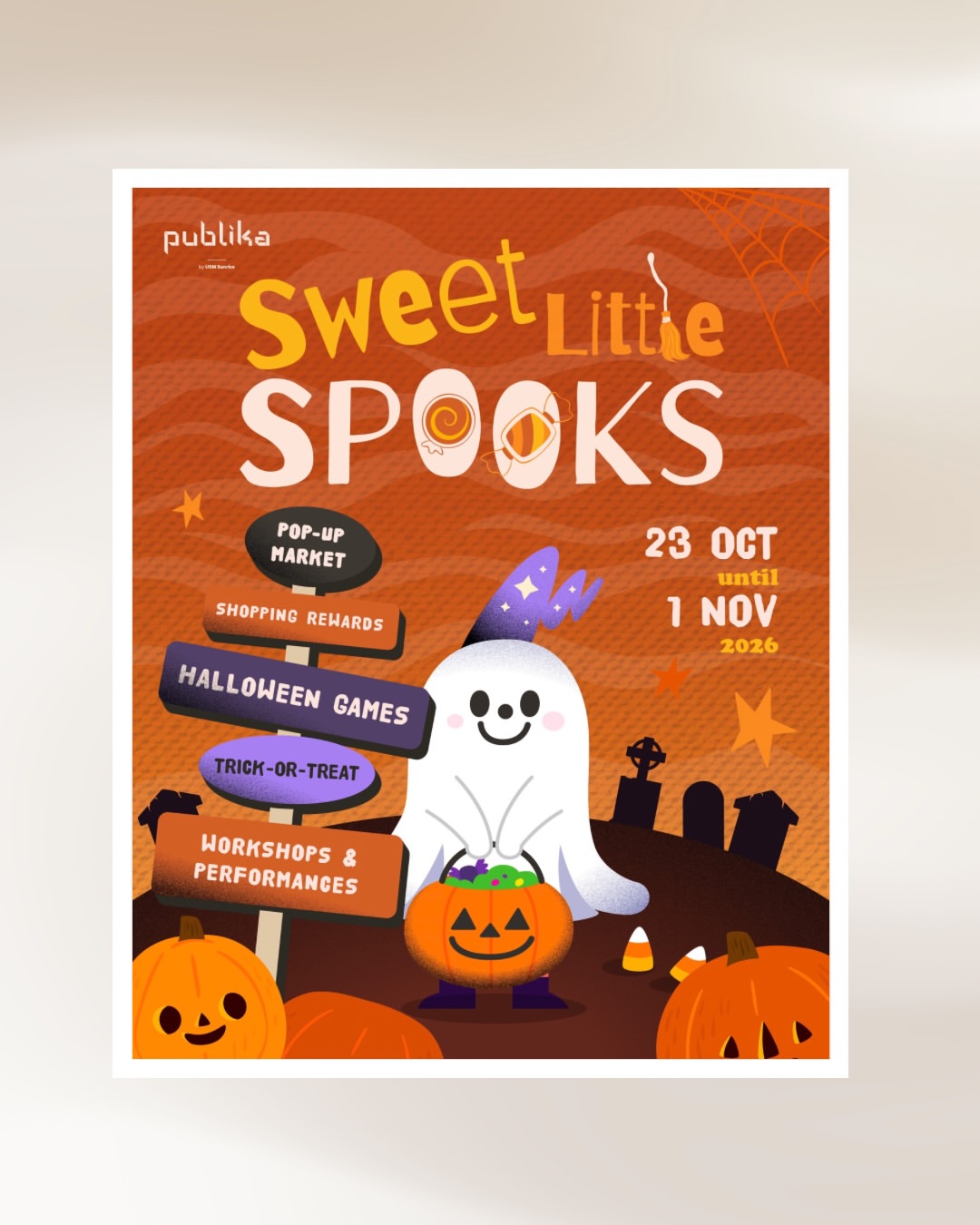 Halloween event poster with a ghost holding a pumpkin, surrounded by pumpkins and event signs, on an orange background. Event runs from 23 Oct to 1 Nov 2026.