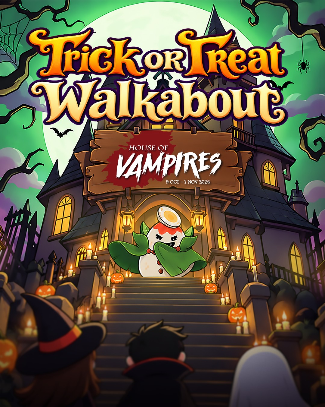 Poster for the “Trick or Treat Walkabout: House of Vampires” event, October 1 – November 1, 2026, featuring a cartoon vampire character standing on the steps of a haunted mansion.